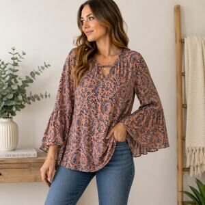 Lush Pink Paisley Bell Sleeve Tunic Blouse Boho Sz S